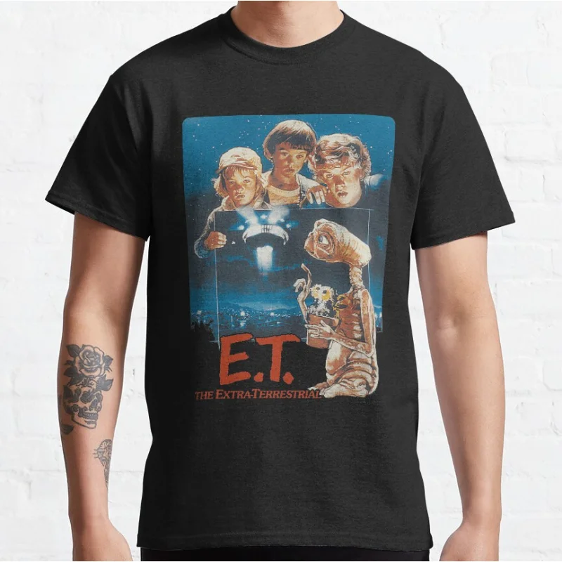 

ET The Extra Terrestrial film 80s Horror movie Alien E.T. Sci fi Short-sleeve crewneck T-shirt for men large size Adult Tops