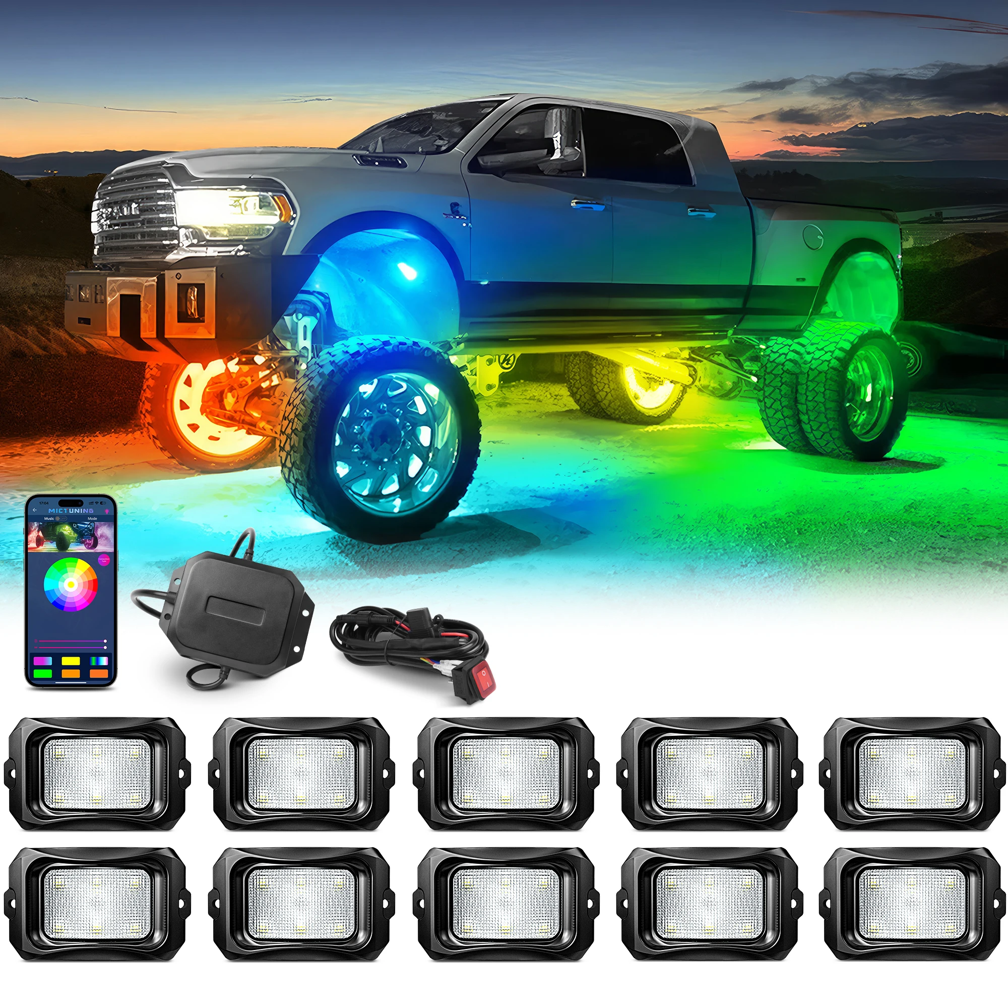 C2  RGB+IC LED Rock Lights Kit, 10 Pods Underglow Lighting Kit with Wireless Bluetooth APP Control, Dynamic Lighting Modes