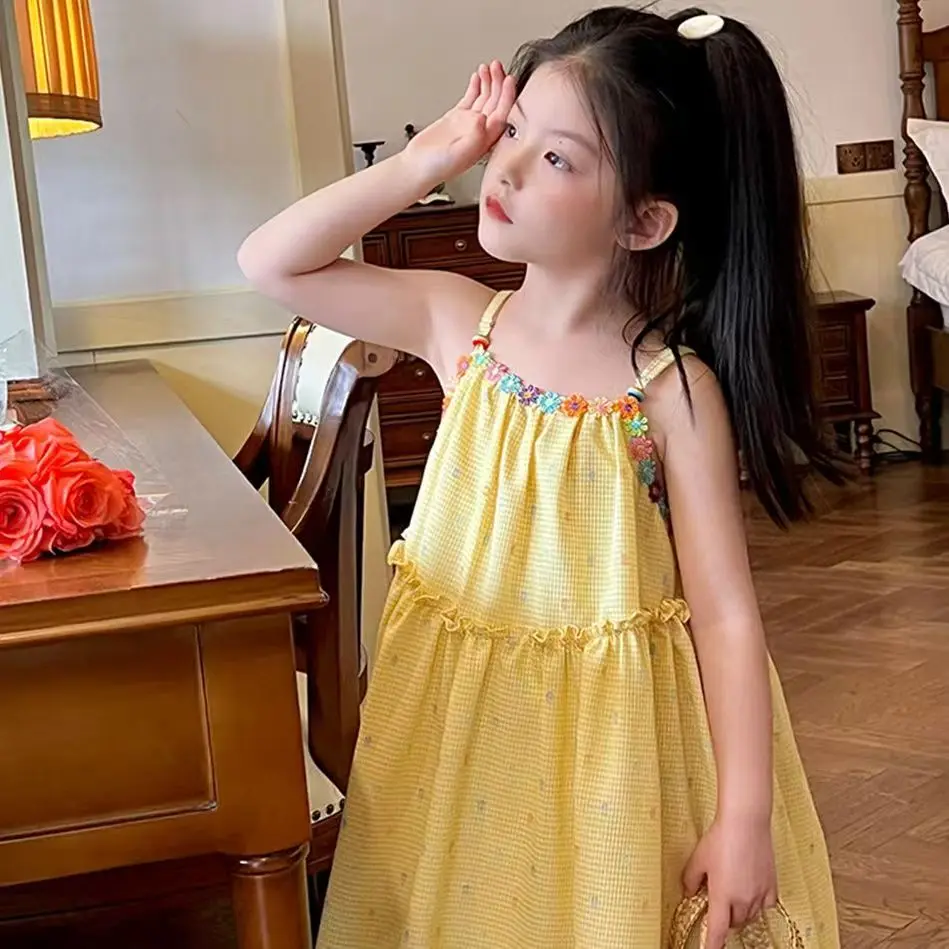 2026 New Country Style Sweet Princess Midi Dress A-Line Skirt Yellow Polka Dot Plaid Skirt