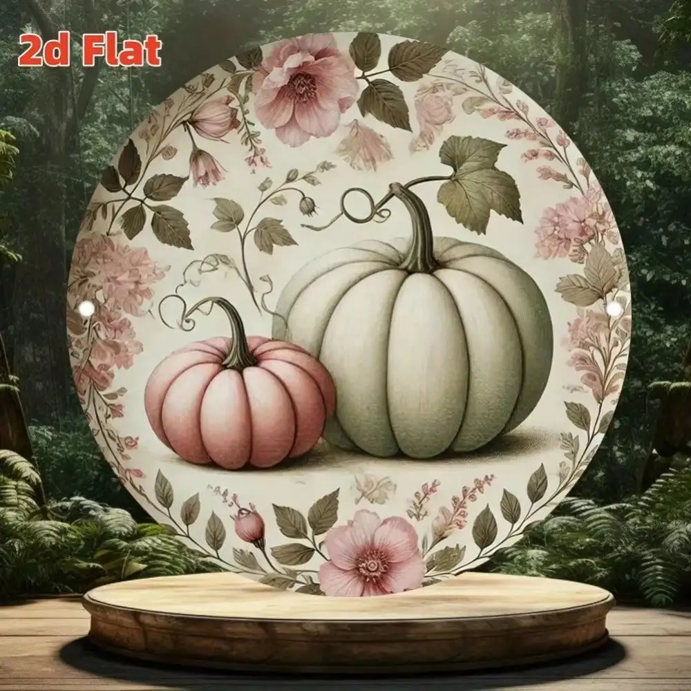 2D Flat High Definition Metal Wall Art Vintage Botanical Illustration Pumpkin Wreath with Pink Roses and Green Leaves Shabby Chi