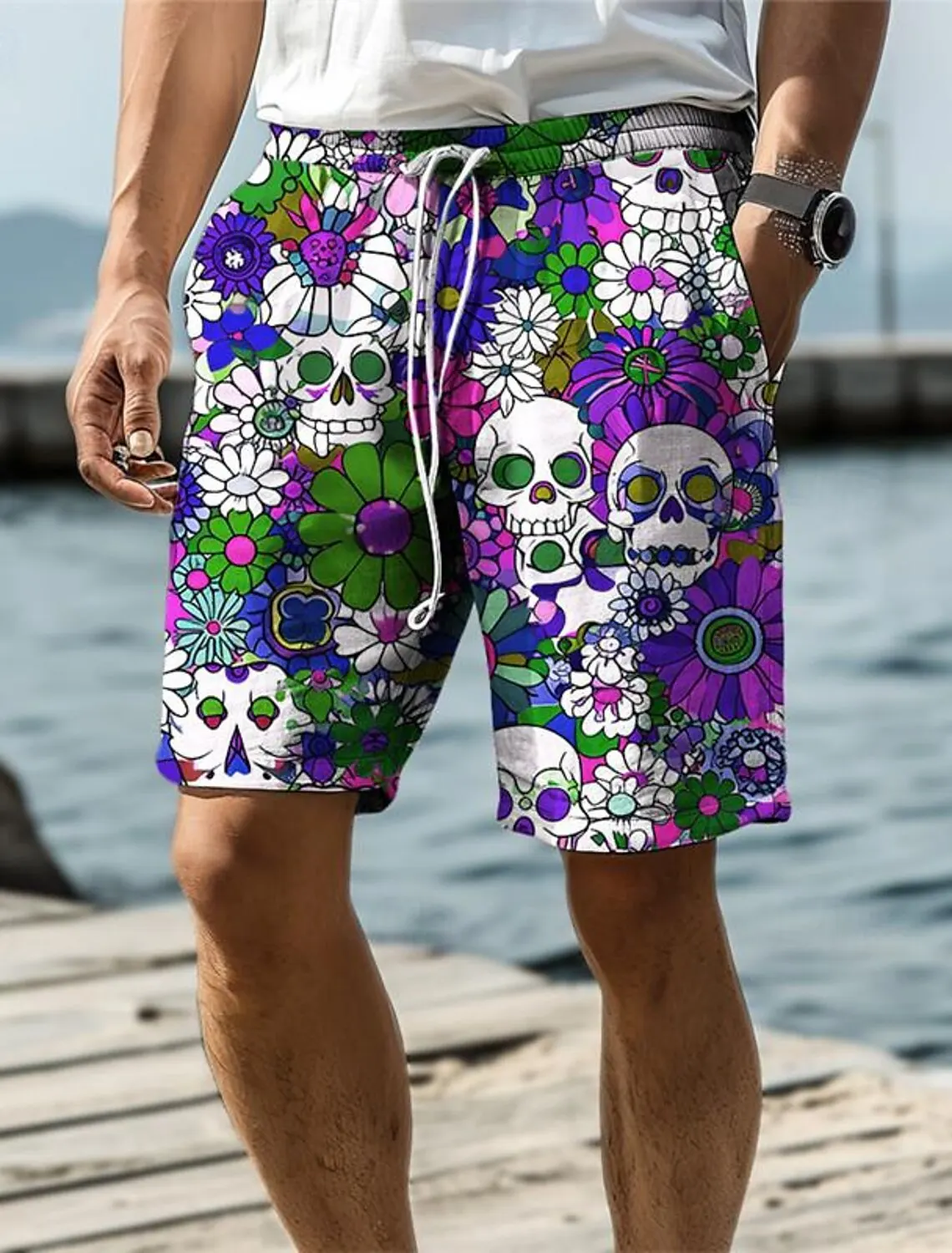 2024 Skull Flower Graphic Men's Resort 3D Printed Board Shorts Swim Trunks Elastic Waist Drawstring Hawaiian Style Holiday Beach