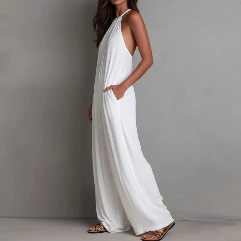 Women's Halter Sleeveless Jumpsuit New Beach Vacation Textured Overalls with Pockets Wide Leg Romper Casual Spring Summer Outfit