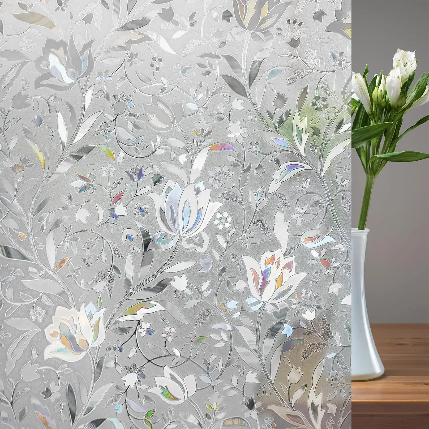 Pellicola decorativa per la privacy delle finestre in vetro colorato, copertura smerigliata con blocco solare adesivo statico per porta di casa, design a tulipano arcobaleno ‌