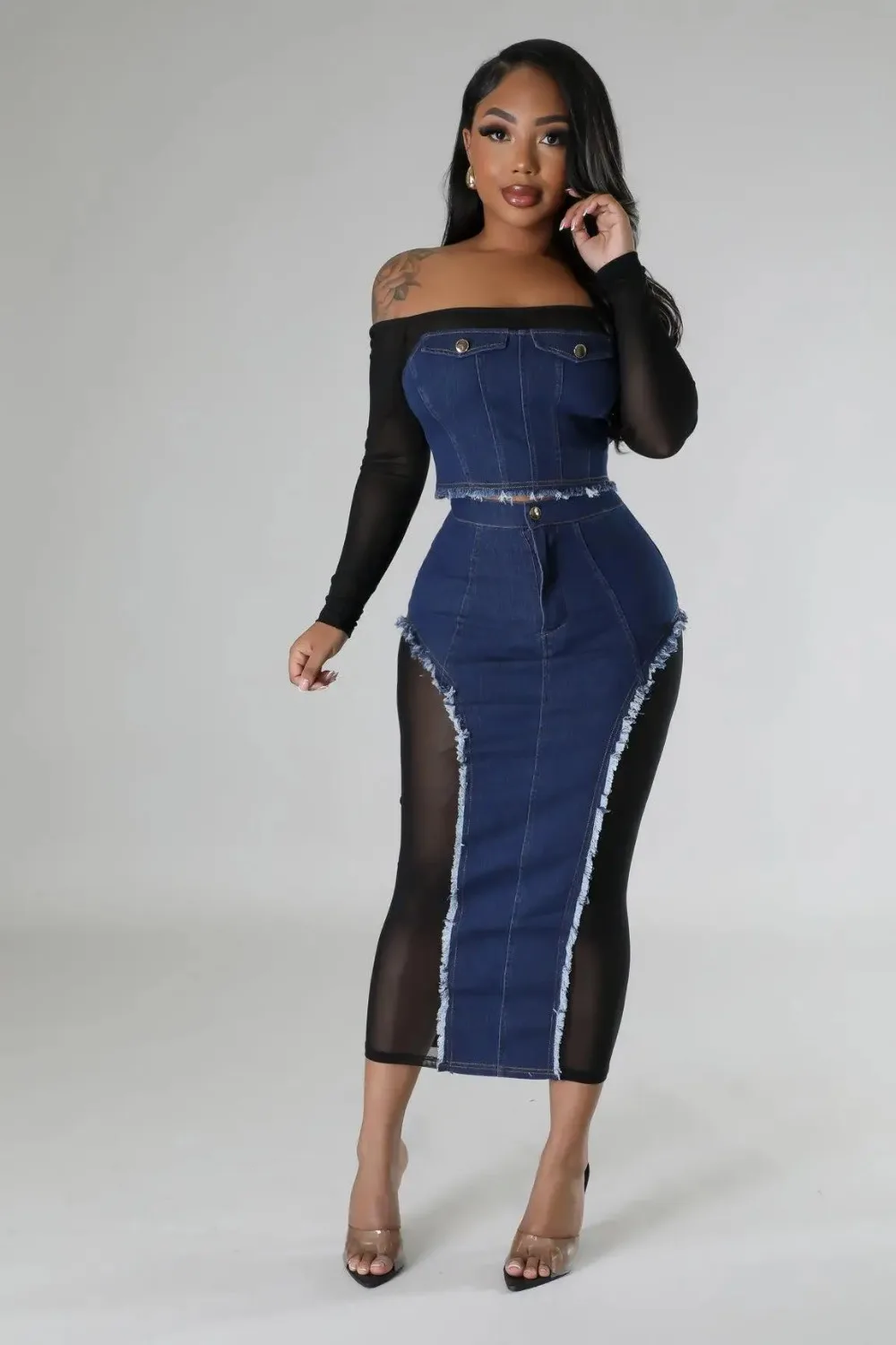 Women's Mesh Denim Skirt, Sexy Off Shoulder Top, Fashion, Autumn, 2024
