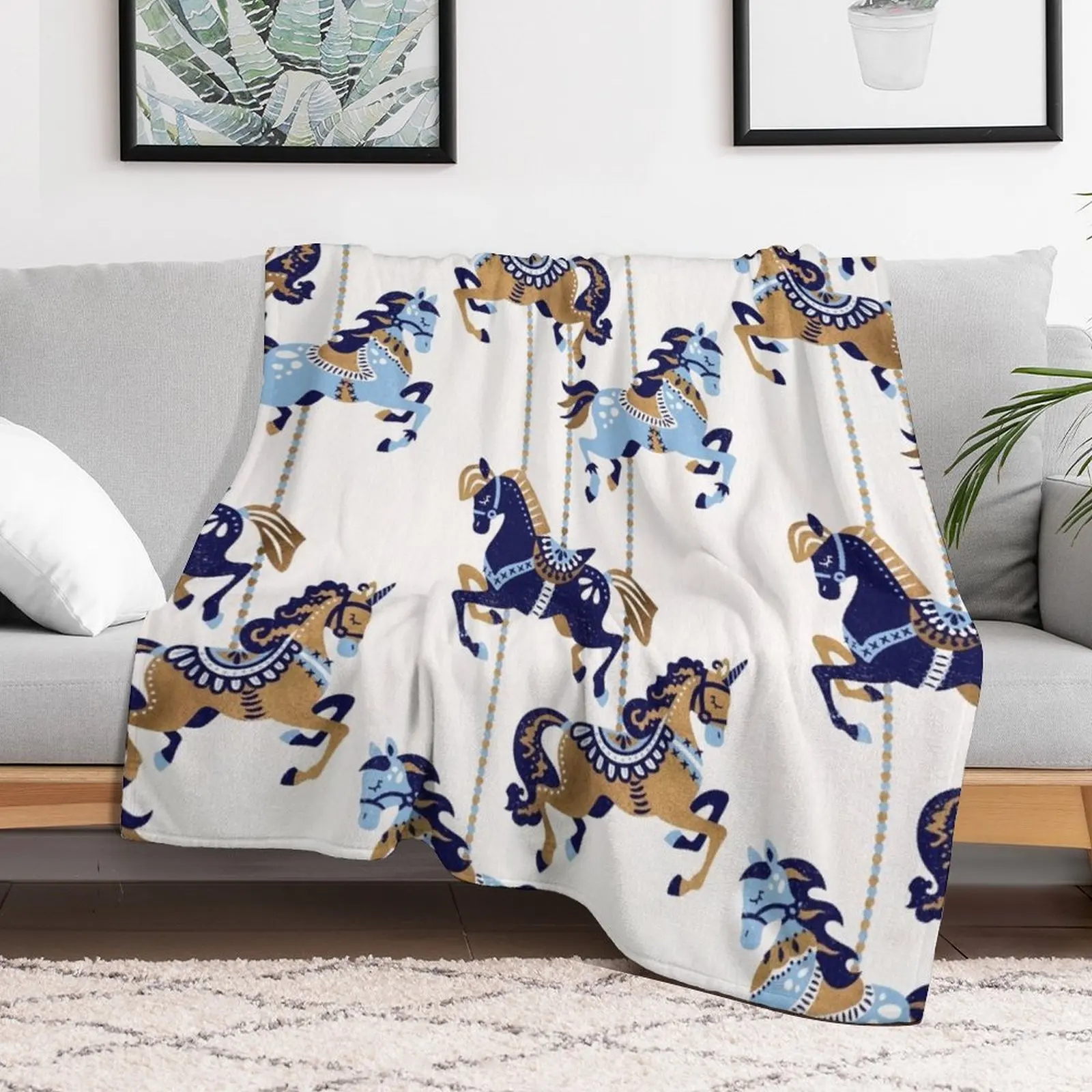 Carousel Horses a?? Copper & Blue Throw Blanket Flannel Fleece Soft Warm Throw Blanket