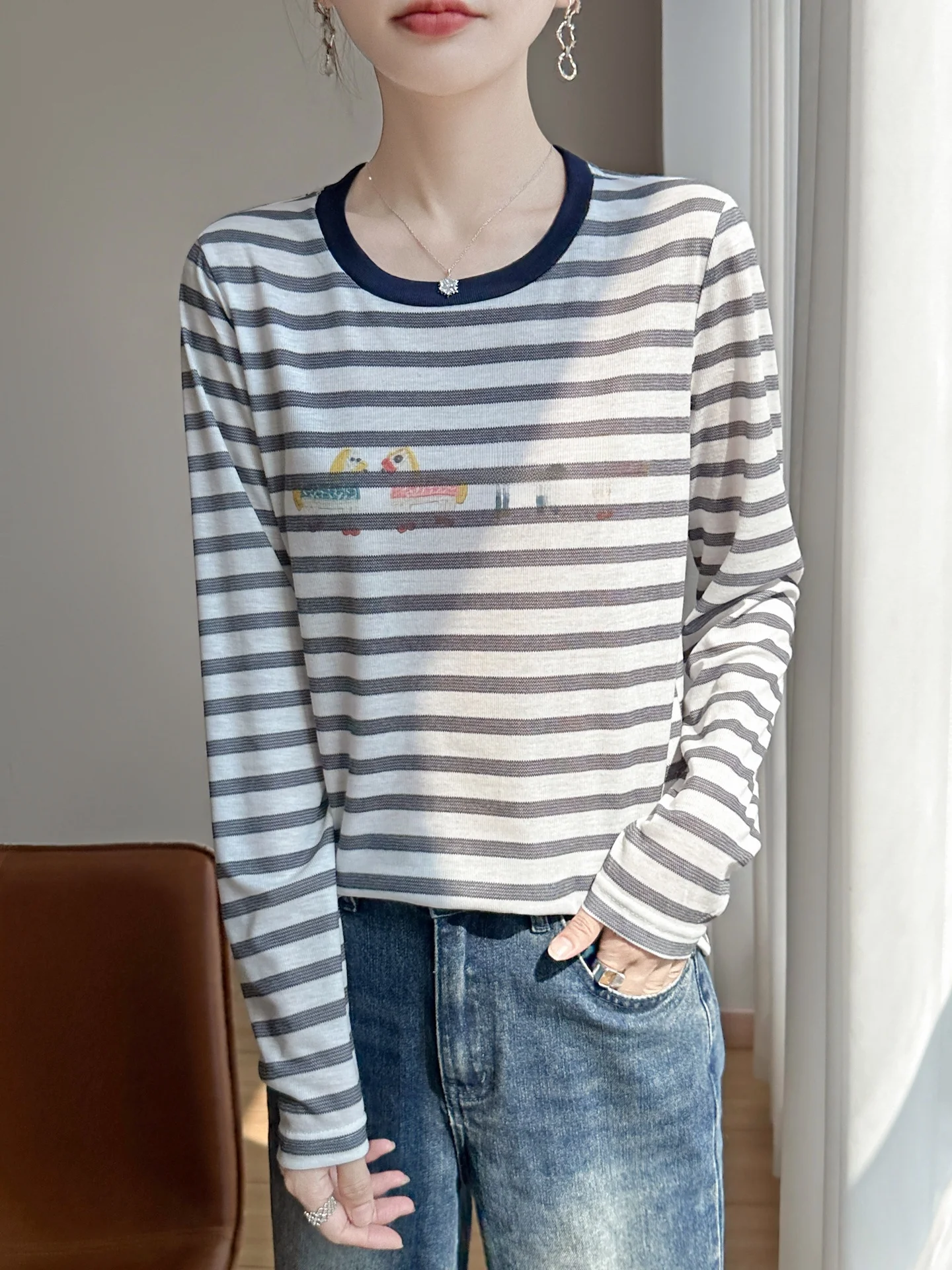 

Faionable Striped Knitted Base irt Women's Loose Fit Soft Casual Sle Long Sve round Ne Breathable Autumn Winter Sw...
