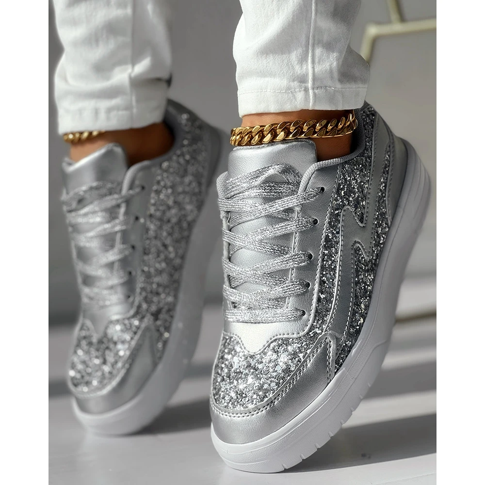 

Women Sequins Decor Lace-up Sneakers Daily Casual Round Toe Silver Sports Shoes Spring Fashion Going Out Bling Bling Shoes Flats