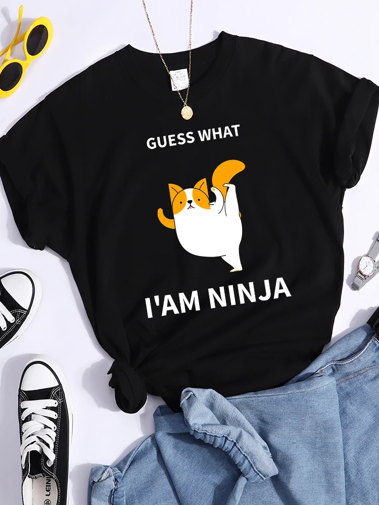 Guess What I Am Ninja Kawaii Cat Tshirts Women'S Street Cool T-Shirts Personality Hip Hop Clothes Sport Casual Crop Top Female