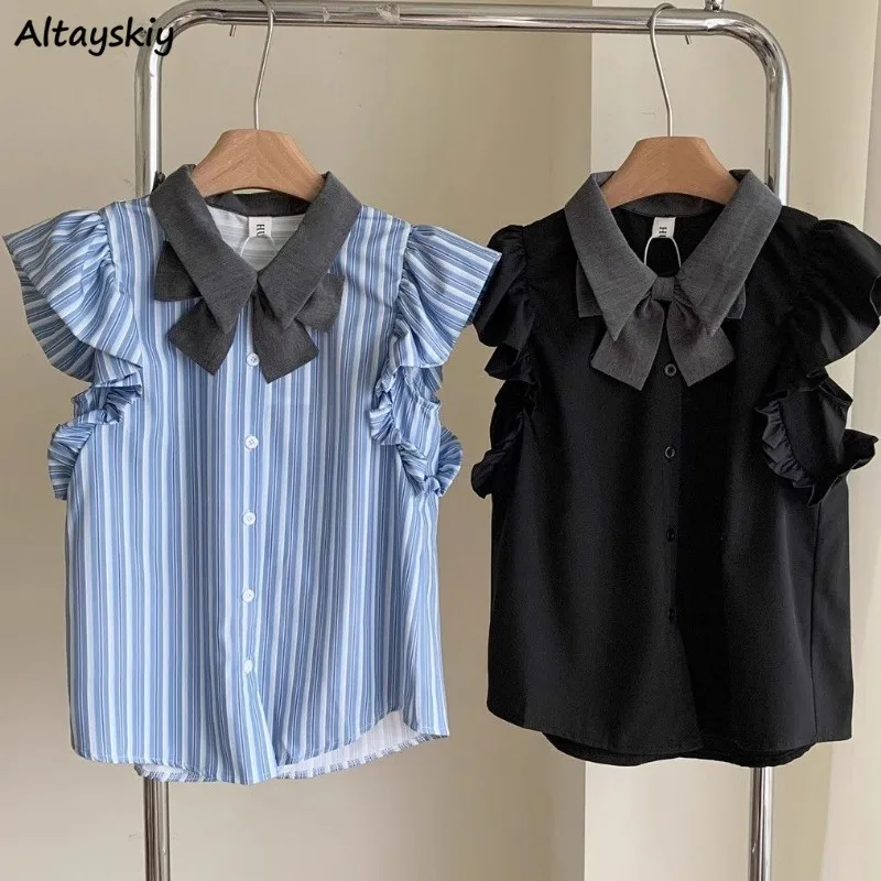 Preppy Style Shirts for Women Bow Sweet Girls All-match Summer Flying Sleeve Ins Turn-down Collar Fashion Simple Design Chic