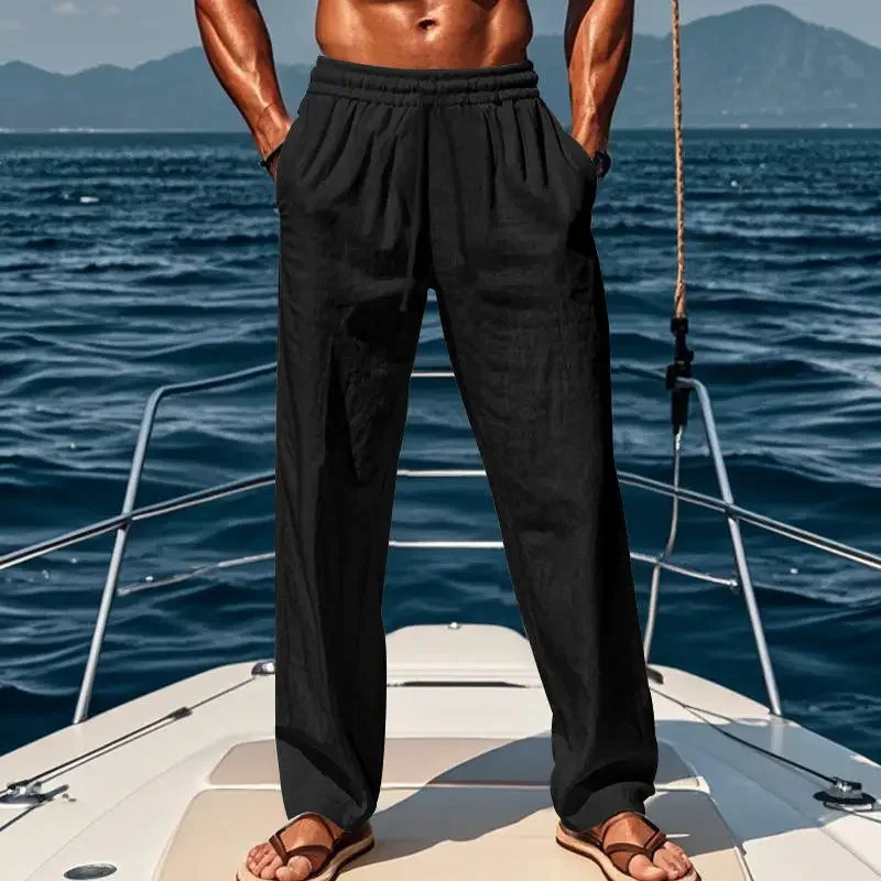 Men's Loose Fit Cotton Linen Sports Pants Breathable Casual Trousers Straight Leg Casual Pants Autumn 2024 Fashion Trend