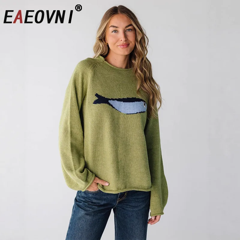 

EAEOVNI повседневный вязаный свитер с мультяшным принтом, женский осенне-зимний новый свободный модный топ с длинными рукавами, универсальная одежда 2025 г.