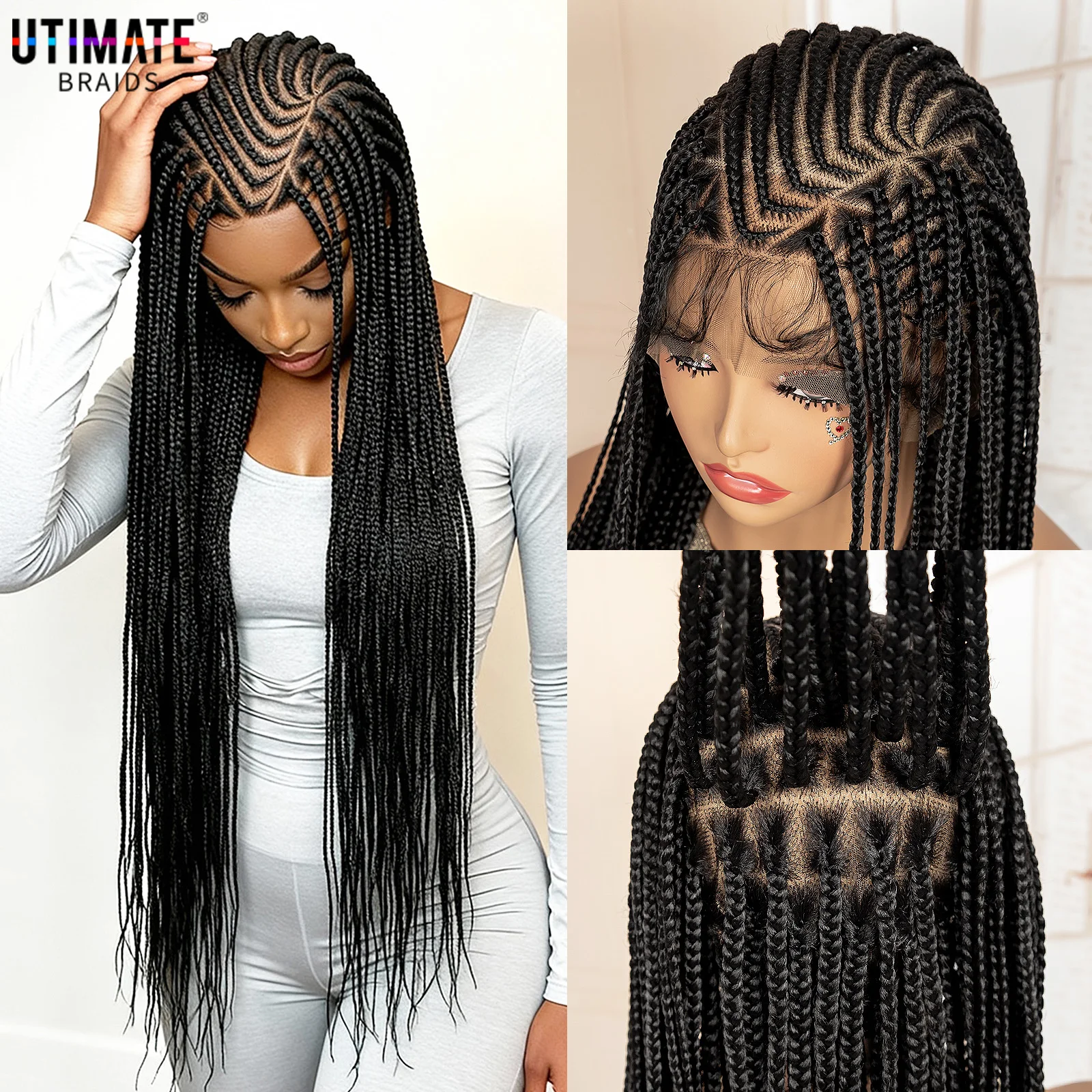 Full Lace Braids Wig 36 Inch Synthetic African Cornrow Braiding Wigs Transparent Lace Knotless Box Braided Wig for Black Women