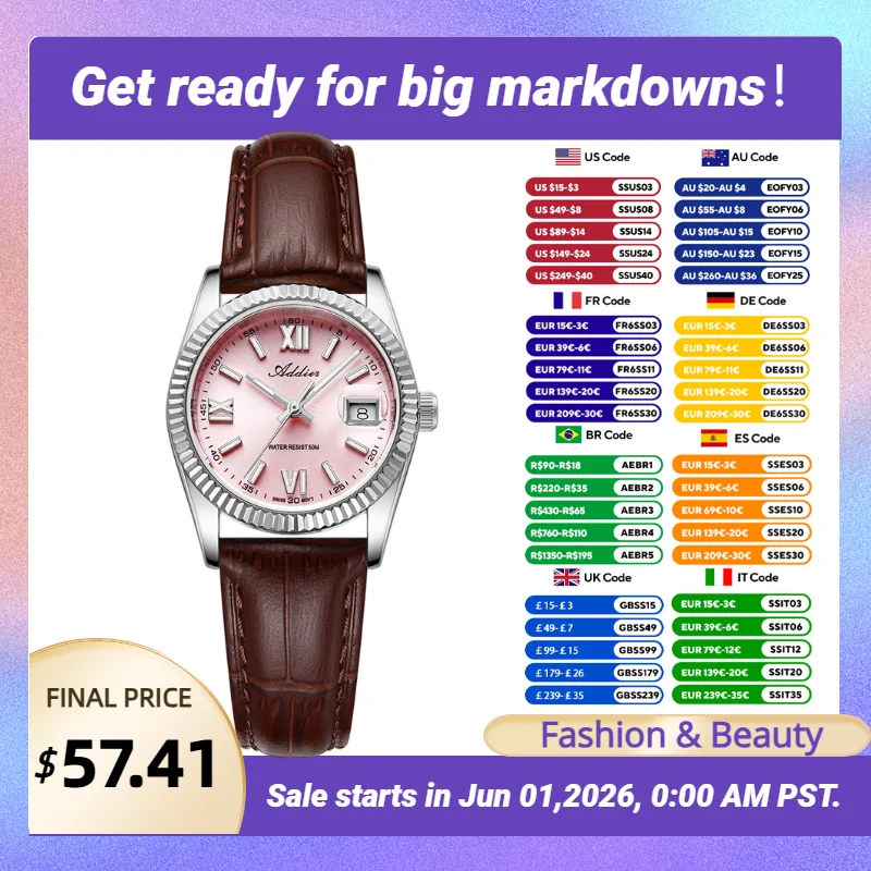 

Addies New Ladies Watches Luxury Sapphire Glass Swiss 585 Super Luminous Women Quartz Watch 50m Waterproof Roman Numerals Watch