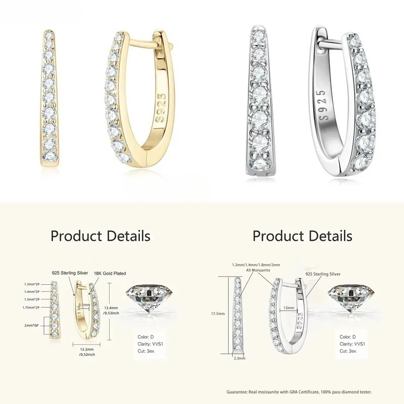 RAPRGOLD Certified Round Moissanite Hoop Earrings for Women, S925 Sterling Silver U-Shaped Jewelry