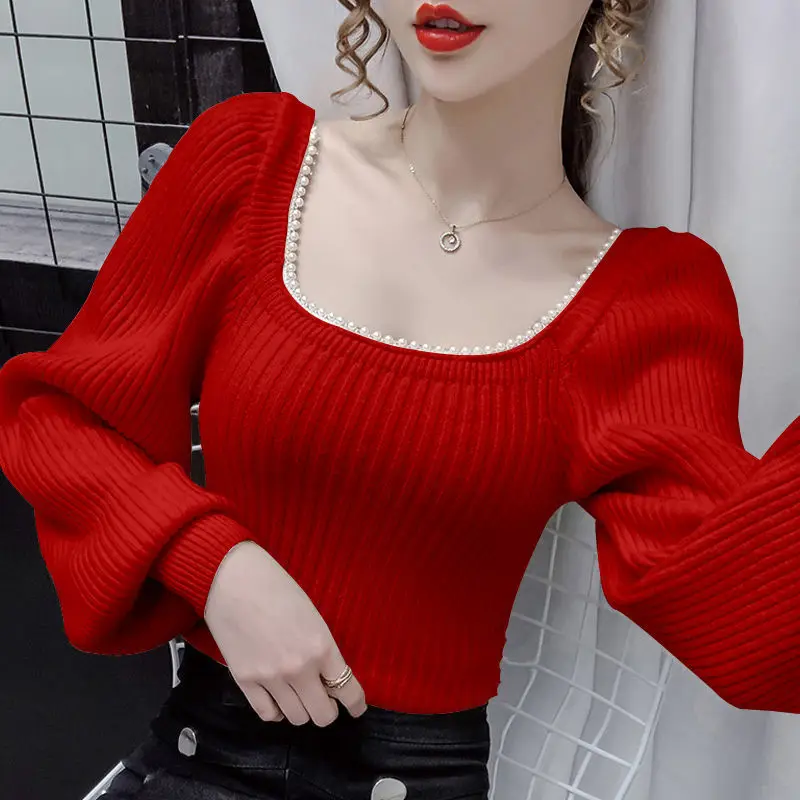 Fashion Square Collar Knitted Spliced Beading Sweaters Female Clothing 2023 Autumn New Casual Pullovers Solid Color Commute Tops