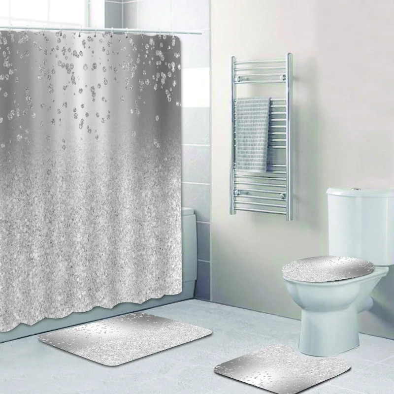 3D Luxury Grey Silver Gold Falling Glitter Confetti Metallic Sparkles Shower Curtian Set Elegant Bathroom Curtain Toilet Mat Rug