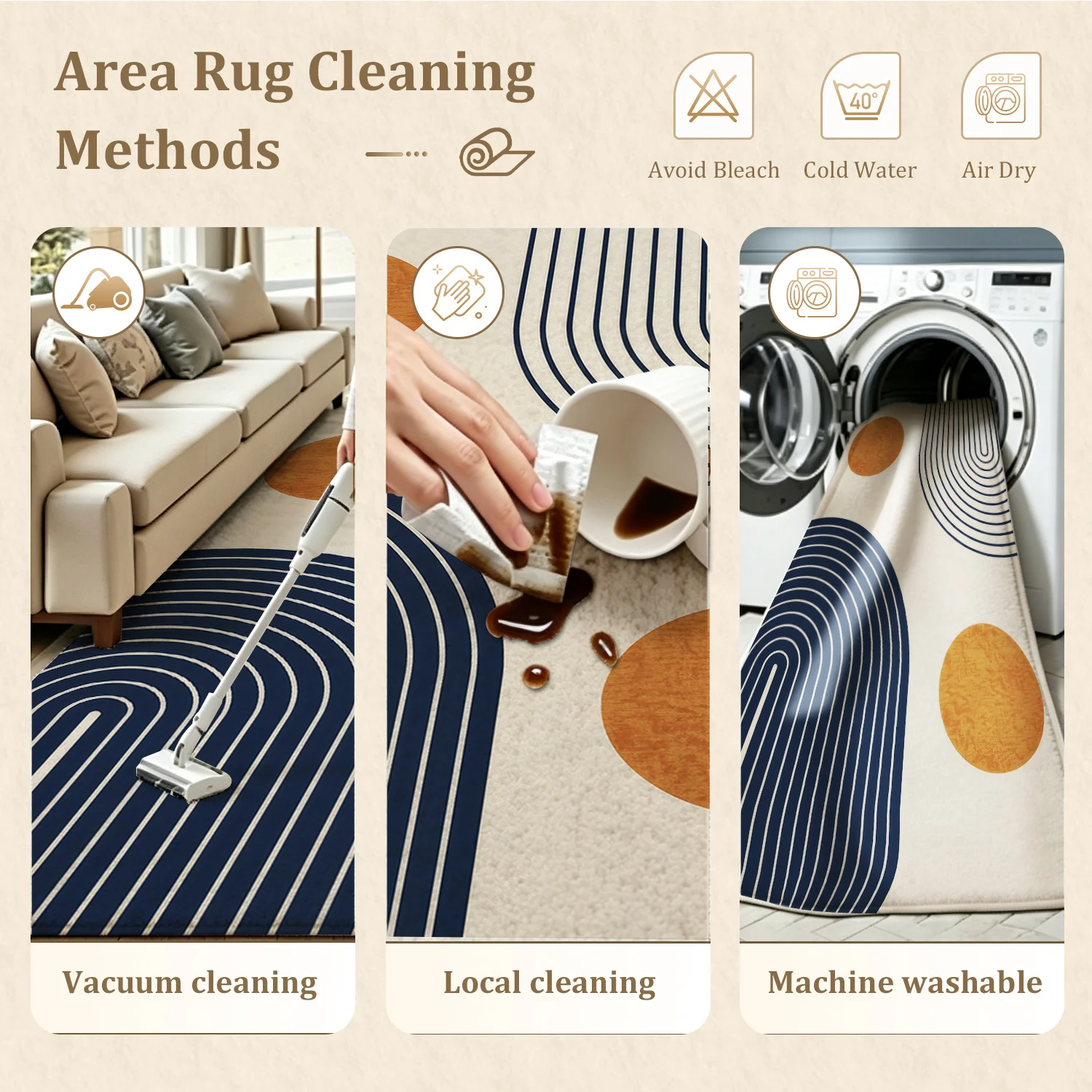 Large Indoor Area Rug, Soft Velvet Low Pile Rug with Non-slip Dotted Backing, Machine Washable Mid-Century Modern Geometric Accent Rug for Living Room, Bedroom, Entryway, Navy Blue & Terracotta Abstract Design - view 8