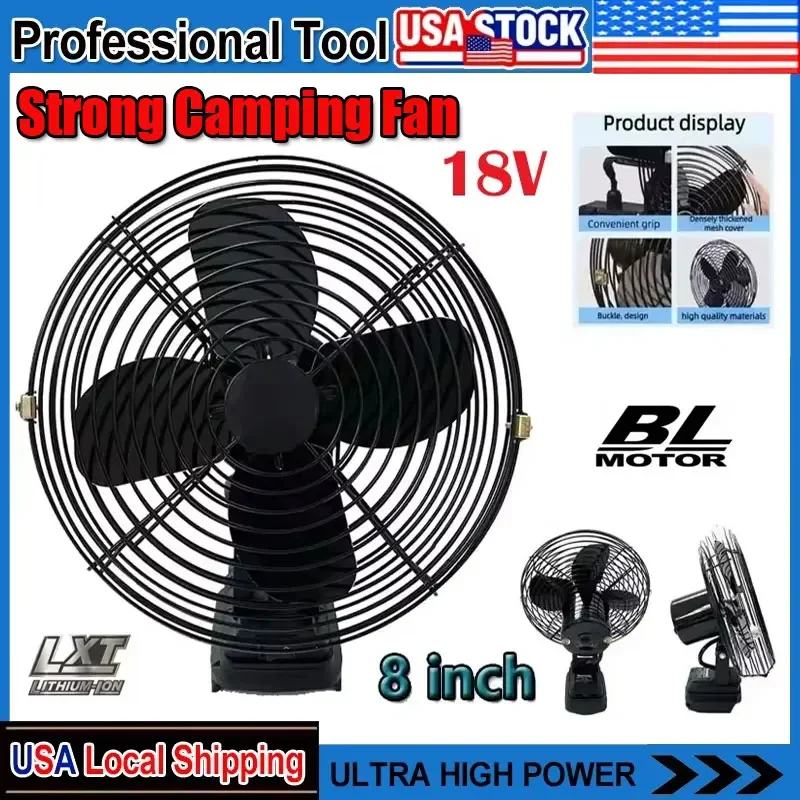 Fit Makita Camping Fan 8 Inches Wireless Outdoor Fishing Desktop Portable Metal Fan Strong Wind Fan Fit 18V Battery