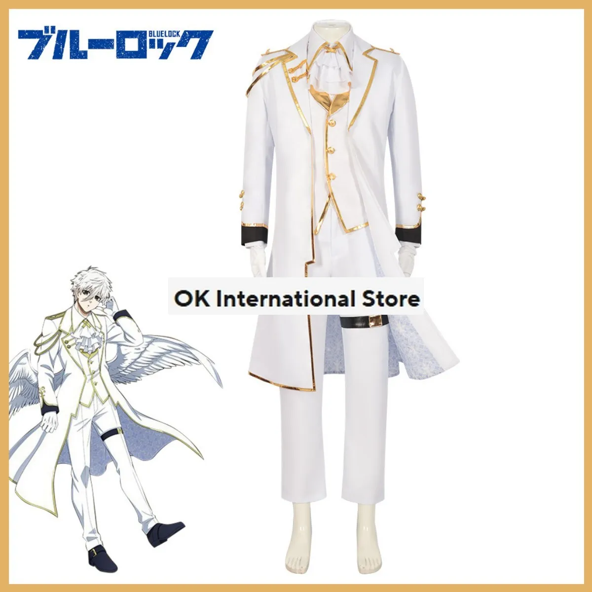 Anime Bloqueio Azul Nagi Seishiro Cosplay Fantasia, Anjos e Demônios Peruca, Uniforme Branco, Manto, Conjunto completo Asa Prop, Homem Fato de Halloween