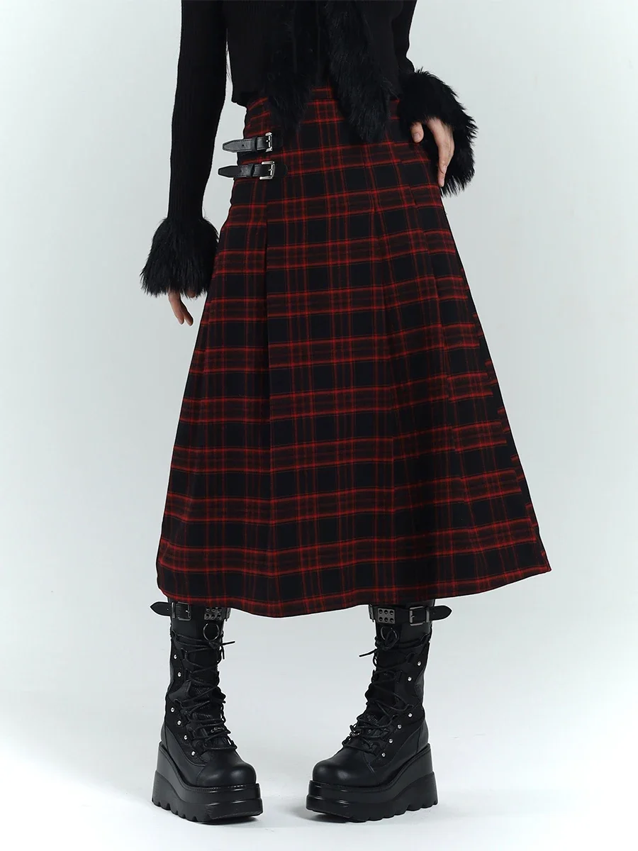 

Original New Arrival High-quality Red Plaid Long Buckle Pleated Skirt Sexy Spicy Girl Wrapped Belt Slit Half Length Skirt