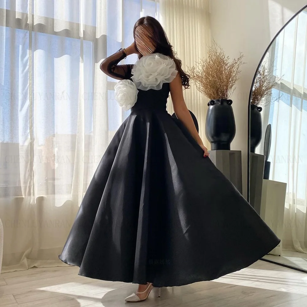 Unique Black Formal Occasion Dresses 2024 One-Shoulder Sexy Ball Gown 3D Flower A-line Long Evening Party Gowns فساتين الحفلات