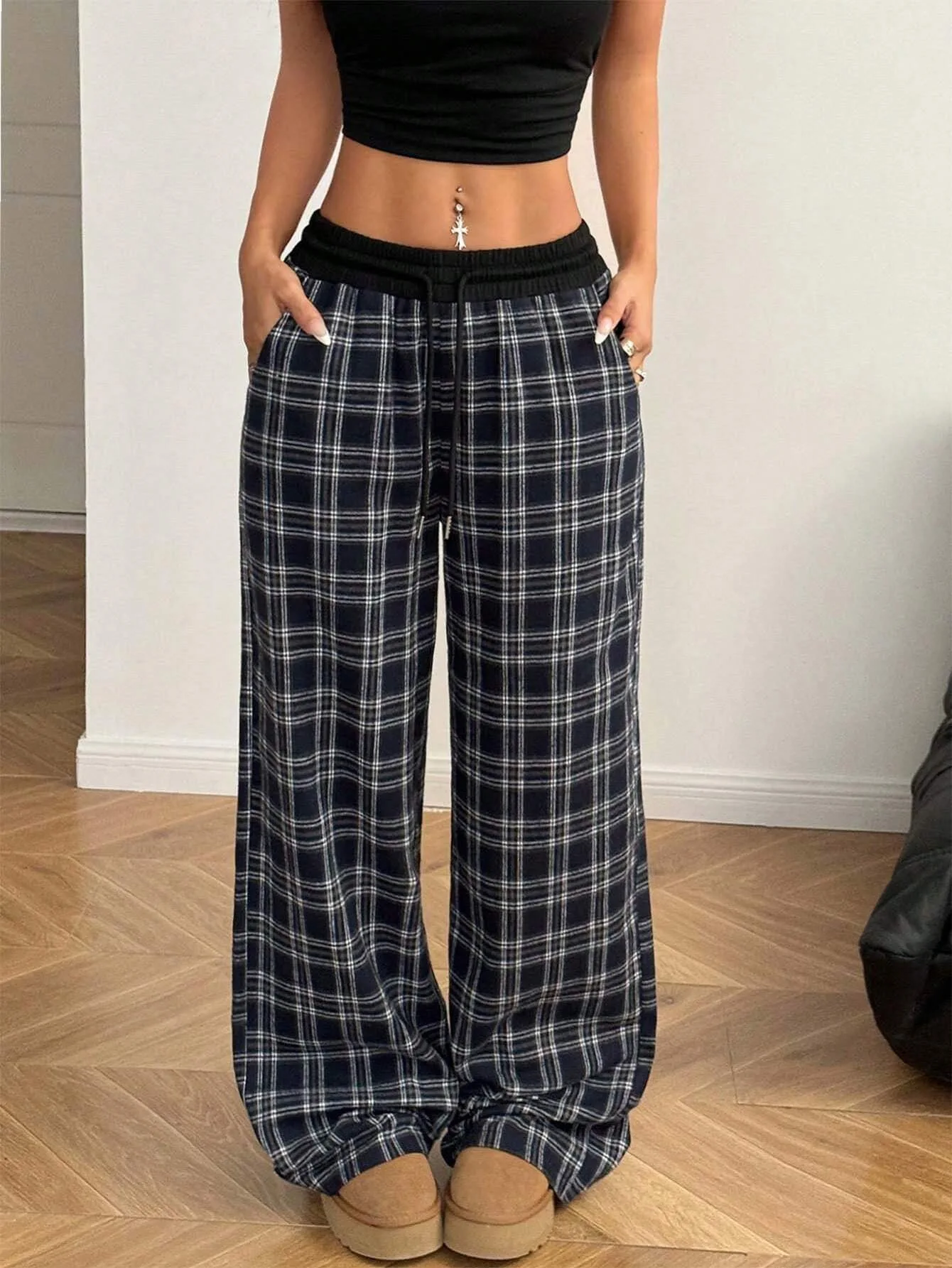 

Women's Plaid High-waist Wide-leg Pants Autumn Winter Casual Loose Fashion Lazy Style Loose Clothes Spliced ​​lace-up Trousers