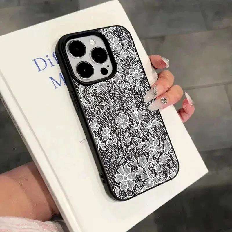 Custodia Morbida in Silicone Bianca con Motivo a Pizzo e Texture Litchi per iPhone 17 16 15 14 Plus 13 12 11 Pro MAX 17 Air