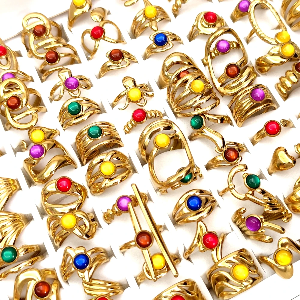 Bulk lots 15pcs 50pcs Colorful Beads Gold Plated Irregular Hollow Rings Resizable Women Party Jewelry