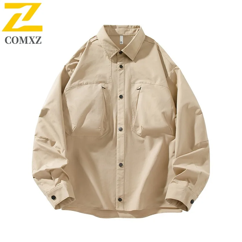 

COMXZ 2025 Mens American Workwear Poplin Jacket Vintage Khaki Waterproof Coat