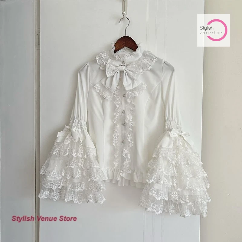 

French Lolita dress sweet and lovely lace shirt long bubble sleeve women's spring and autumn new fashion with shirts and tops.