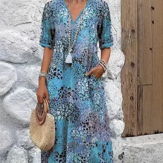 New Women's Dresses, Floral Printed Elegant Casual Vintage Dresses, Y2k Bohemian Style, Fashion Large Size Short Sleeve Dress