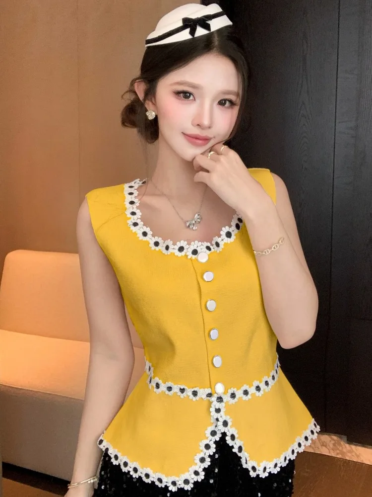 

Slimming Floral Knitted Vest Women's Spring Summer New Style Pure Color Single Button Knitwear Fashion Design Citywalk Suitable