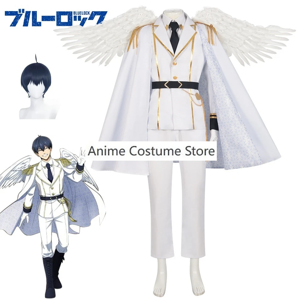 New Anime Cosplay Blue Lock Anime Exhibition Isagi Bachira Cosplay Costume Wig Rose Net White Uniform Wings Cloak Set