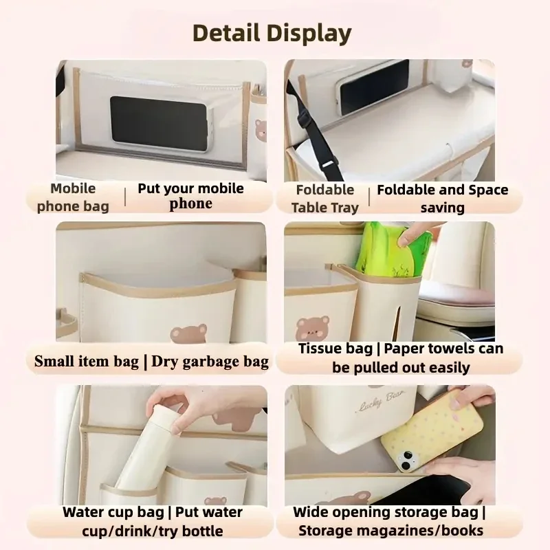 أكياس تخزين المقعد الخلفي للسيارة، سلة مهملات السيارة الكرتونية اللطيفة، متعددة الوظائف، وسادة داخلية مضادة للركل، ديكور عملي