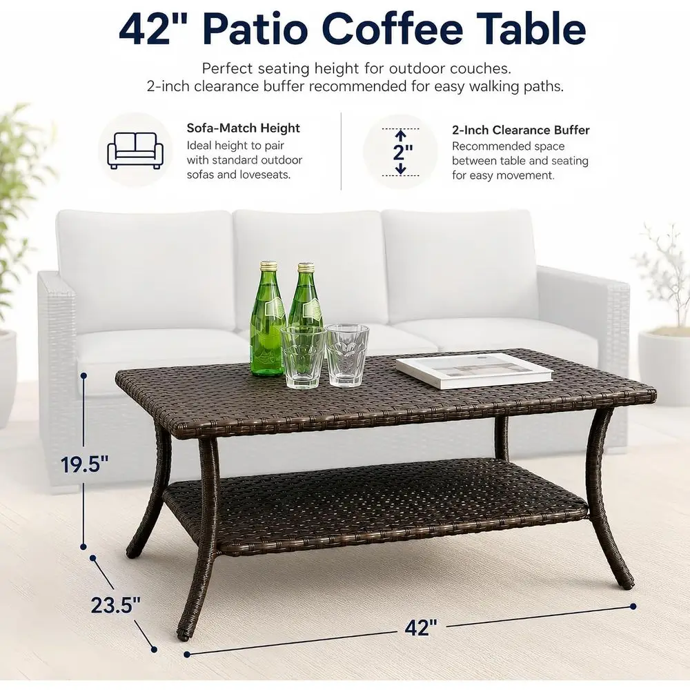 42-Inch 2-Tier Outdoor Patio Coee Table, Brown | PE rattan, powder-coated steel e, lower storage shel, 50 lb acity, or garden, b