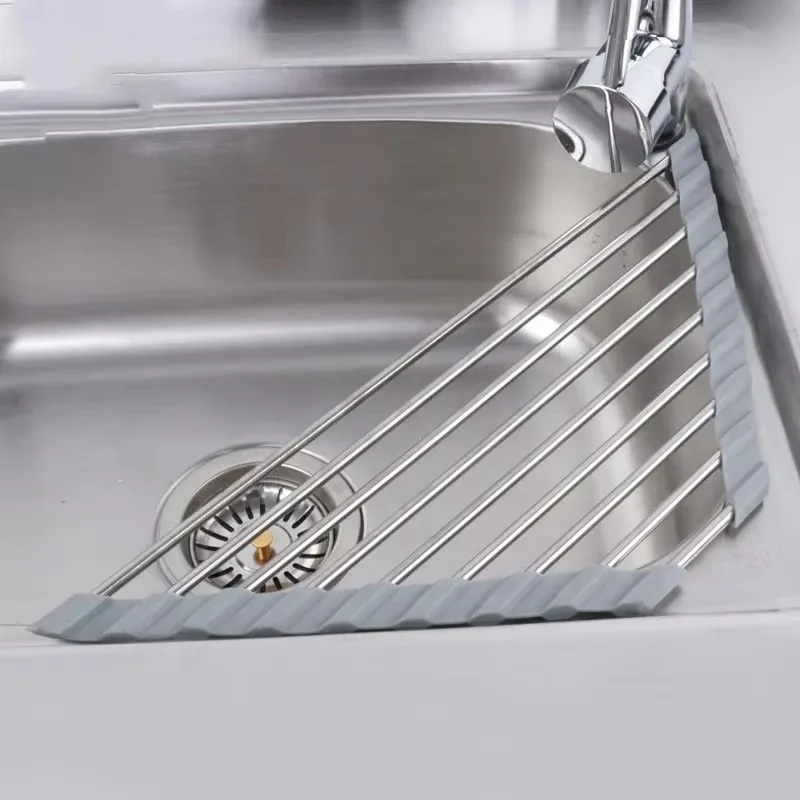 Kitchen Sink Drain Rack Stainless Steel Sink Drain Rack Foldable Roll Up Triangular Sink Drying Rack