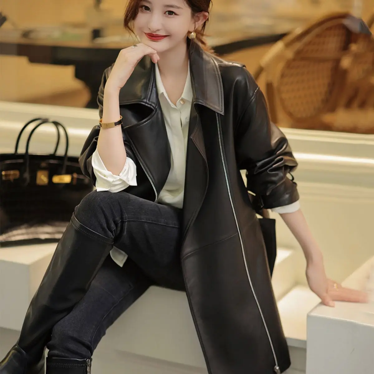 Women\'s Mid Length Leather Coat, Suit Collar, Sheepskin Trench, Autumn and Winter Coat, Loose Silhouette, Genuine Coat