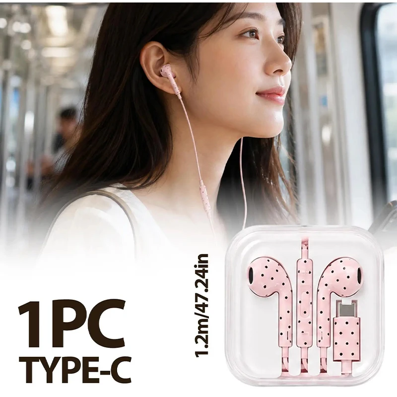 Type C Earphones Polka Dot Star Pattern In-Ear Wired Earbuds with Mic and Volume Control HiFi Headset for Mi iPhone Samsung view 4