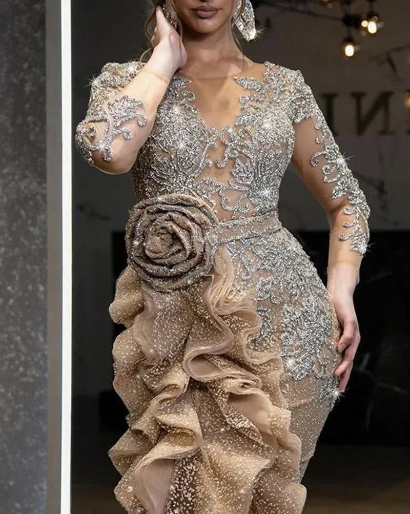 

2023 Sexy Gold Bling Night Even Banquet Dress Long Sleeve Lace Pleat Woman Elegant Sequin Prom Evening Party Dresses for Women