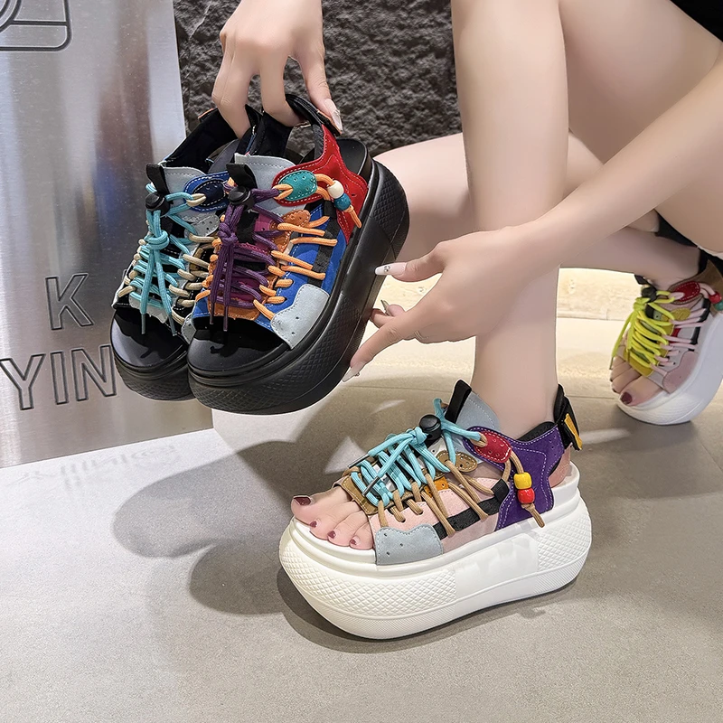 Women ColorBlock Platform Sandals Lace Up Peep Toe Splicing Denim Chunky Sole Backless Casual Streetwear Summer Walking Footwear