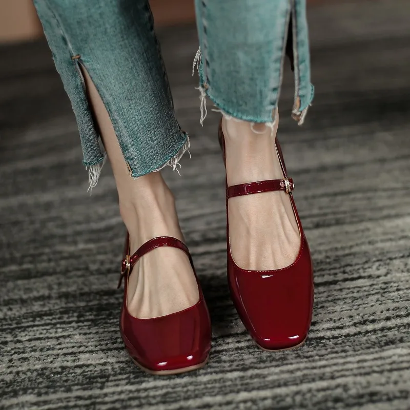 Patent Leather Mid-heel Mary Jane Shoes for Women Spring Shallow Thick Heel Women Shoes Non-slip Comfortable Women Single Shoes