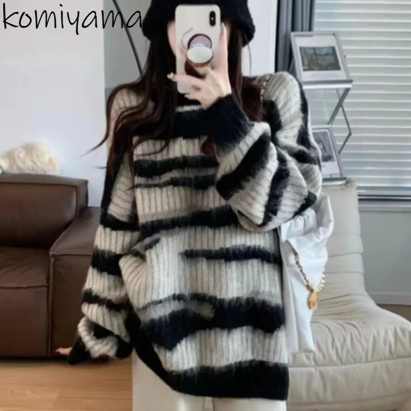 

Stripe Ropa Mujer Long Sleeve Sweater Loose Woman Pullovers Mohair O-neck Knitted Outerwears Autumn 2025 New Clothes Women