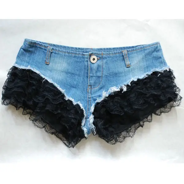 2025 New Nightclub women's Sexy Ultra Low Waist Denim Jeans Lace Splicing Shorts Dj Pole Dance