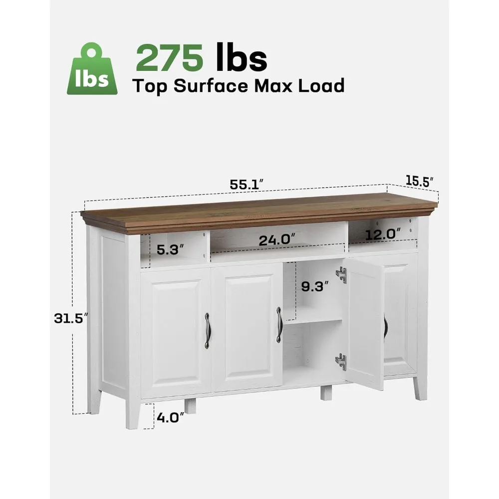 خزانة بوفيه مع مساحة تخزين، خزانة تخزين جانبية كبيرة مقاس 55 بوصة مع أرفف قابلة للتعديل، 4 أبواب، بار قهوة حديث للمزرعة