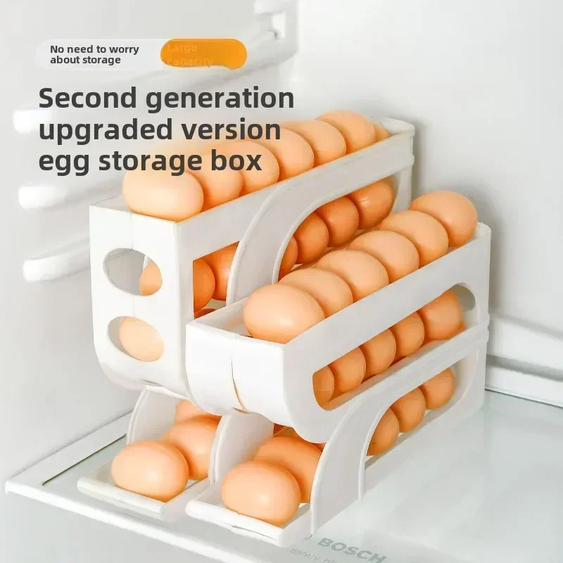 3/4 Layers Egg Storage Box Refrigerator Automatic Rolling Slide Egg Rack Refrigerator Side Door Freshness Box Kitchen Storage