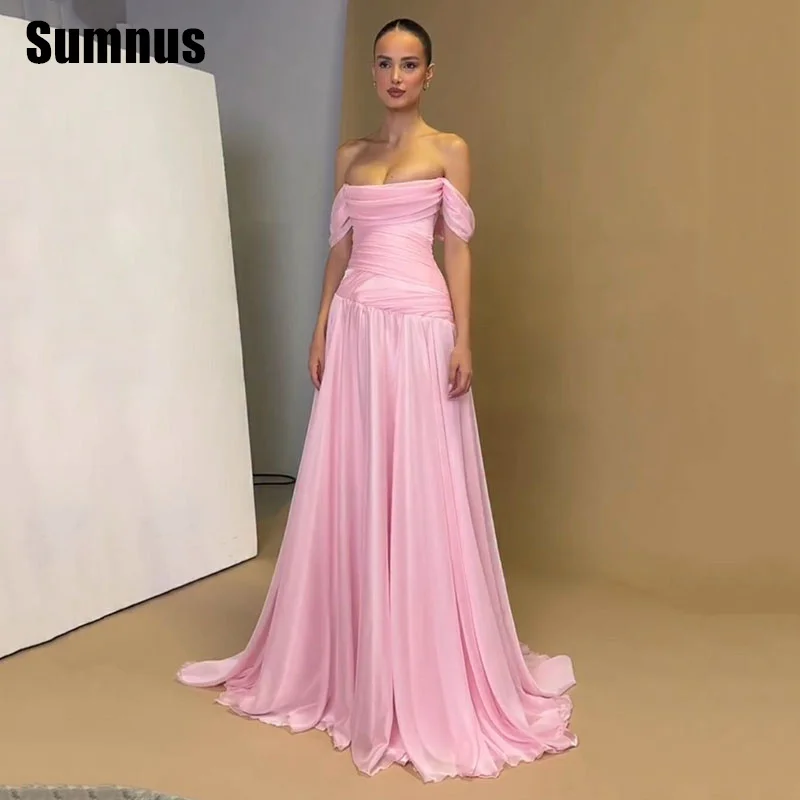 

Sumnus Elegant A-Line Pink Evening Dresses Floor-Length Off Shoulder Formal Occasion Dresses فساتين سهرة Customized