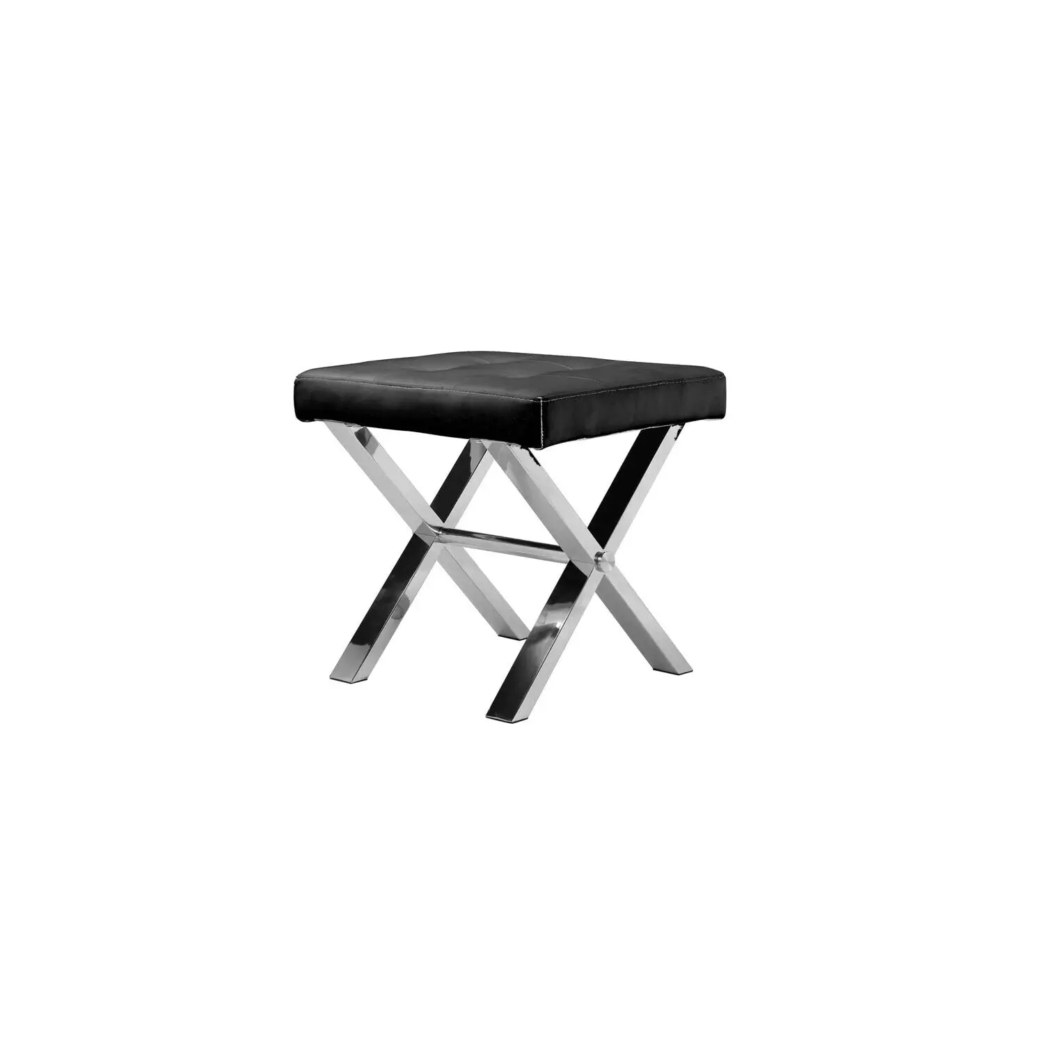 20 Inch Accent Stool Ottoman Black Faux Leather Tufted Seat Chrome X Legs 16 x 20 x 18 Inch, Customized
