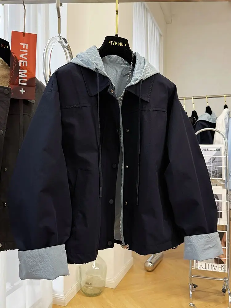

Spring and Autumn Women's Windbreaker Jacket Loose Splicing Fake Two Piece Hooded Short Work Jacket