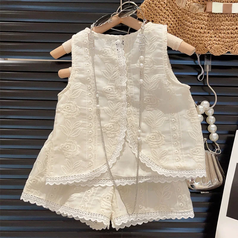 2024 New Summer Korean Style Baby Girls Clothing Set Sleeveless Cotton Embroidered Vest+Shorts 2-7Yrs Children Clothes Suit