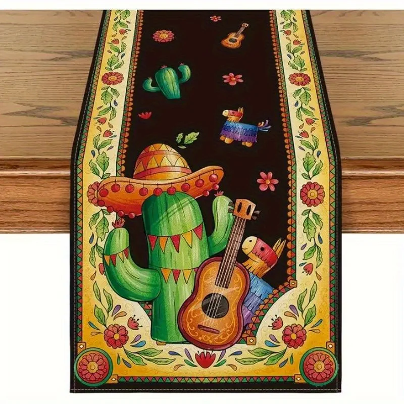 

Mexican Cactus Guitar Sombrero Day of The Dead Linen Table Runner Mexico Día De Los Muertos Table Runners Kitchen Table Decor